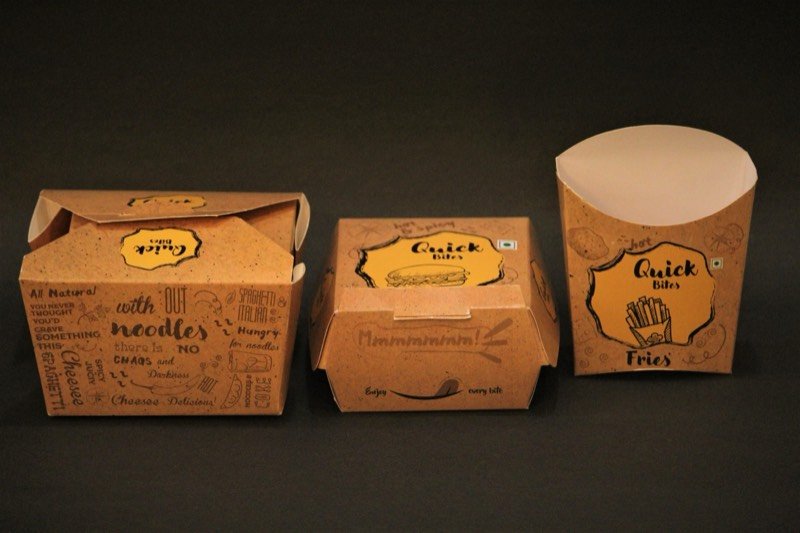 Kraft paper takeaway boxes printed for a quick-service brand.