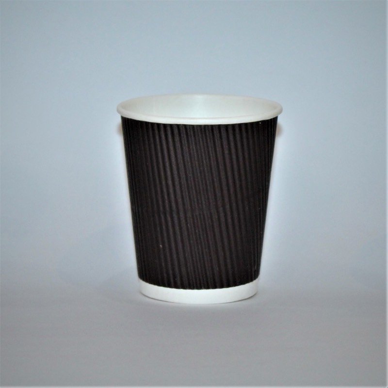A black rippled double-wall paper cup.