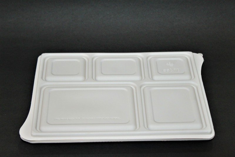 A white five-compartment bagasse serving tray.